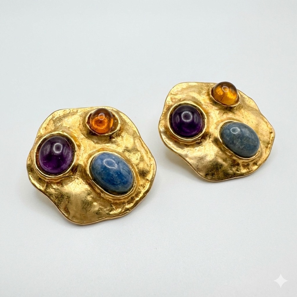 SOLD‼️Francesca Romana Vintage Signed Hammered Gold Clip-On Earrings Cabochon - Picture 14 of 14